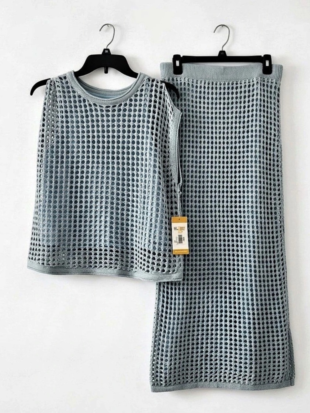 Steve Madden Open Knit Top and Midi Skirt Set Blue Medium